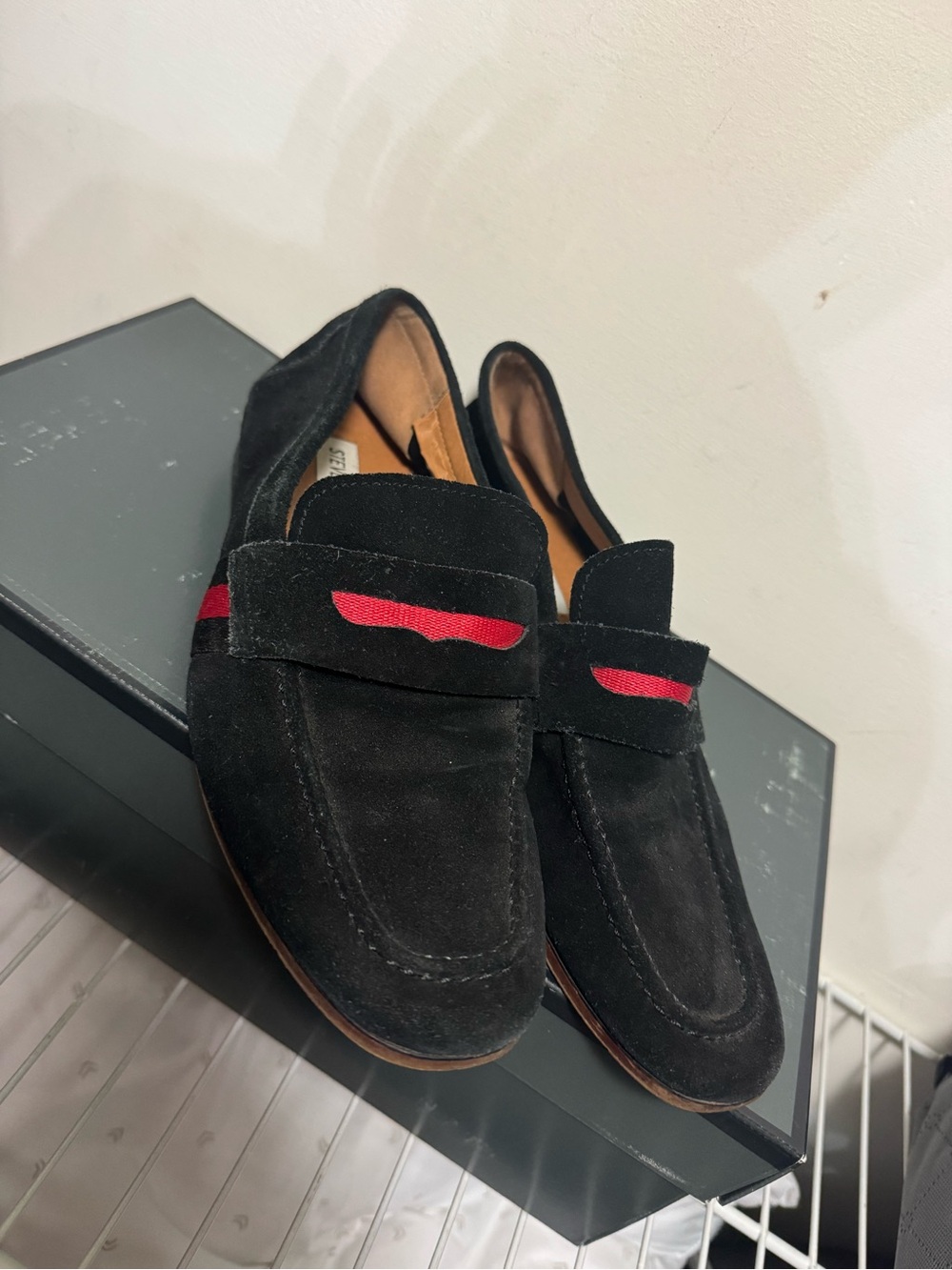 Steve Madden Black Suede Loafers with Red Accent